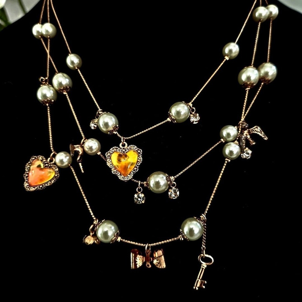 Betsey Johnson Multi-Strand Layered Necklace with Faux Pearls & Charms